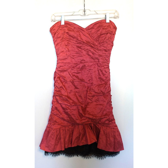 BCBGMAXAZRIA Dress Womens 8 Coral Fleur Strapless Ruched Taffeta Lace Mini Party - Picture 2 of 11